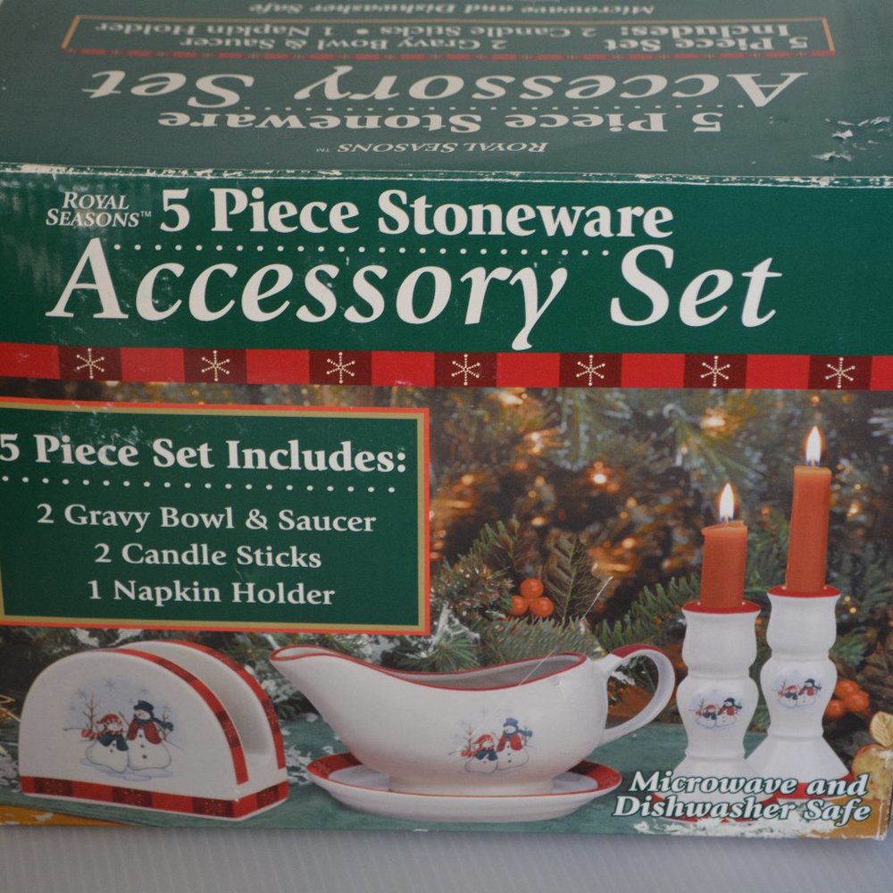 Christmas Stoneware Royal Seasons Accessory 5pc Set Snowmen Gravy Boat Napkin